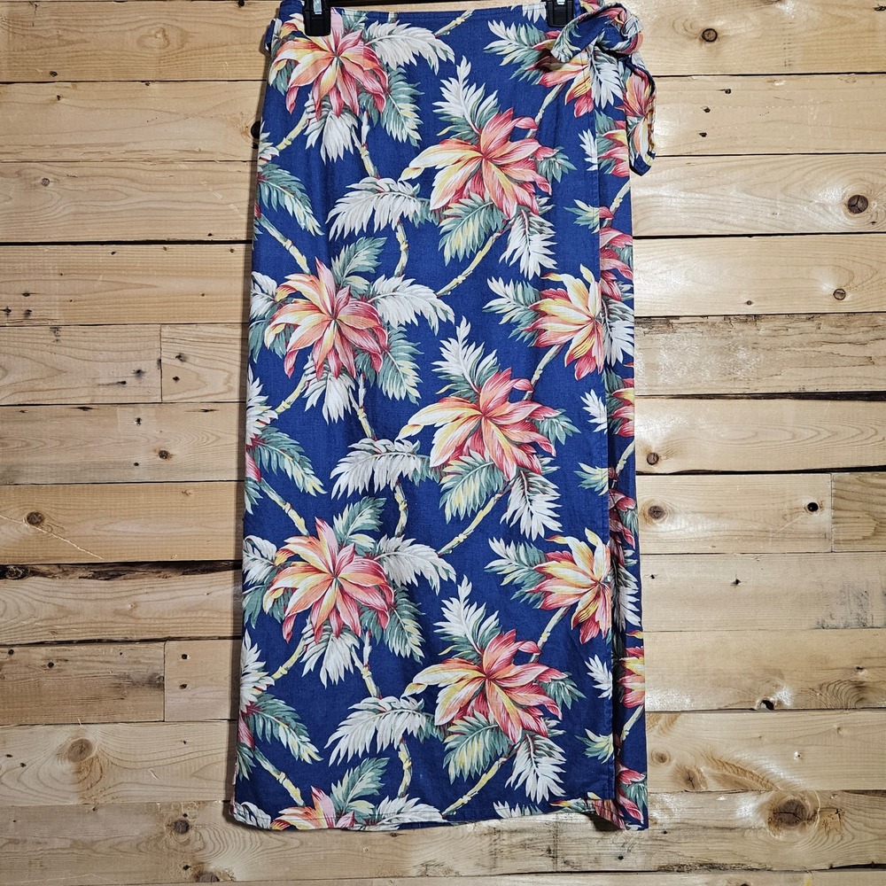 Cambridge Country Store Linen Cotton Tropical Floral Wrap Maxi Skirt Blue Size 8
